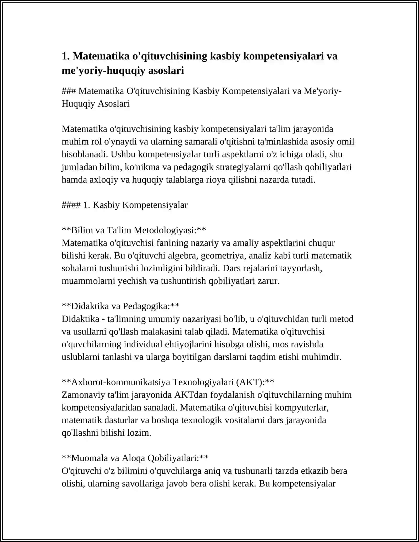 Matematika O'qituvchisining Kasbiy Kompetensiyalari va Me'yoriy-Huquqiy Asoslari 3