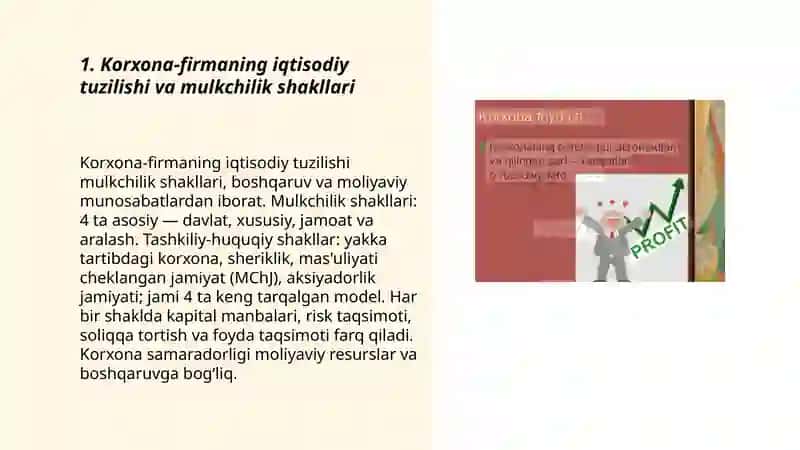 Korxona-firmaning iqtisodiy tuzulishi, ishlab chiqarish harajatlari va korxona foydasi 3