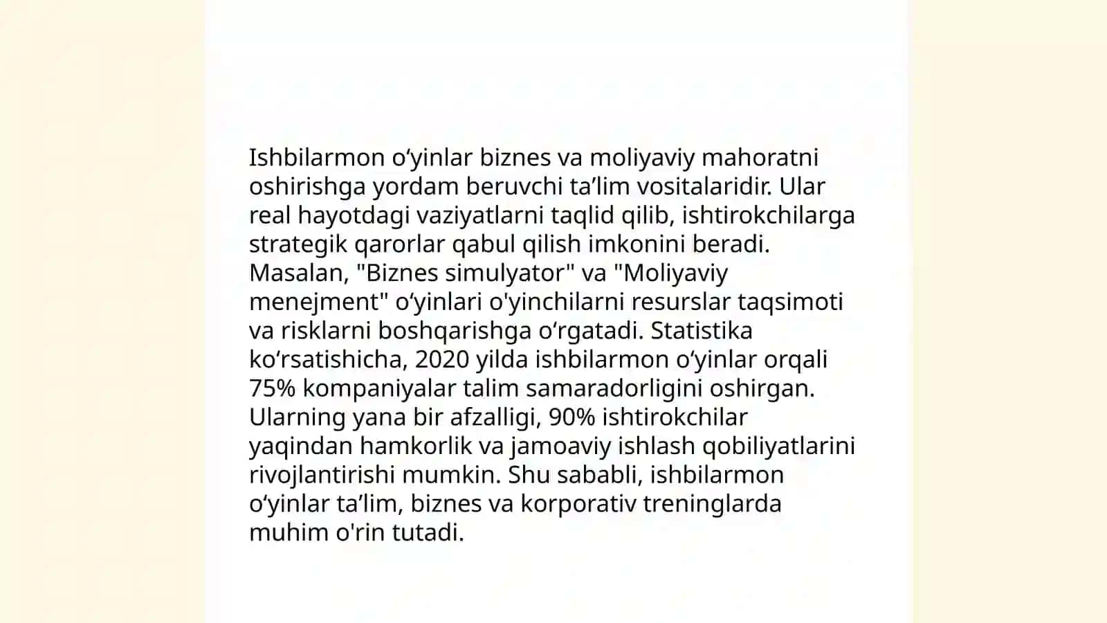 Tarbiya fanini oʻqitishda " Ishbilarmon oʻyin"texnologiyasi asosida dars olib borish 3
