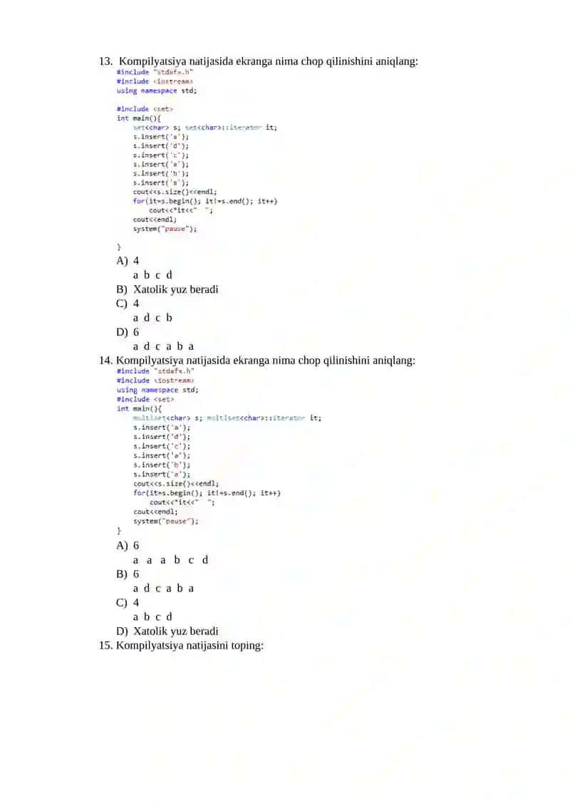 Assotsiativ va tartiblanmagan assotsiativ konteynerlar(set, map, multiset, multimap, unordered_set, unordered_map, unordered_multiset, unordered_multimap) 3