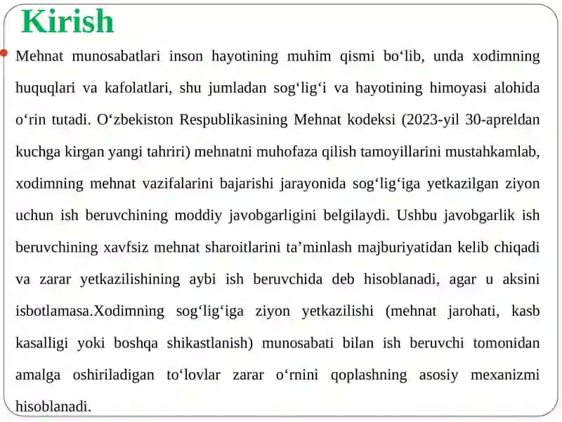 Xodimning sog‘lig‘iga ziyon yetkazilganligi munosabati bilan ish beruvchi tomonidan amalga oshiriladigan to‘lovlar 3