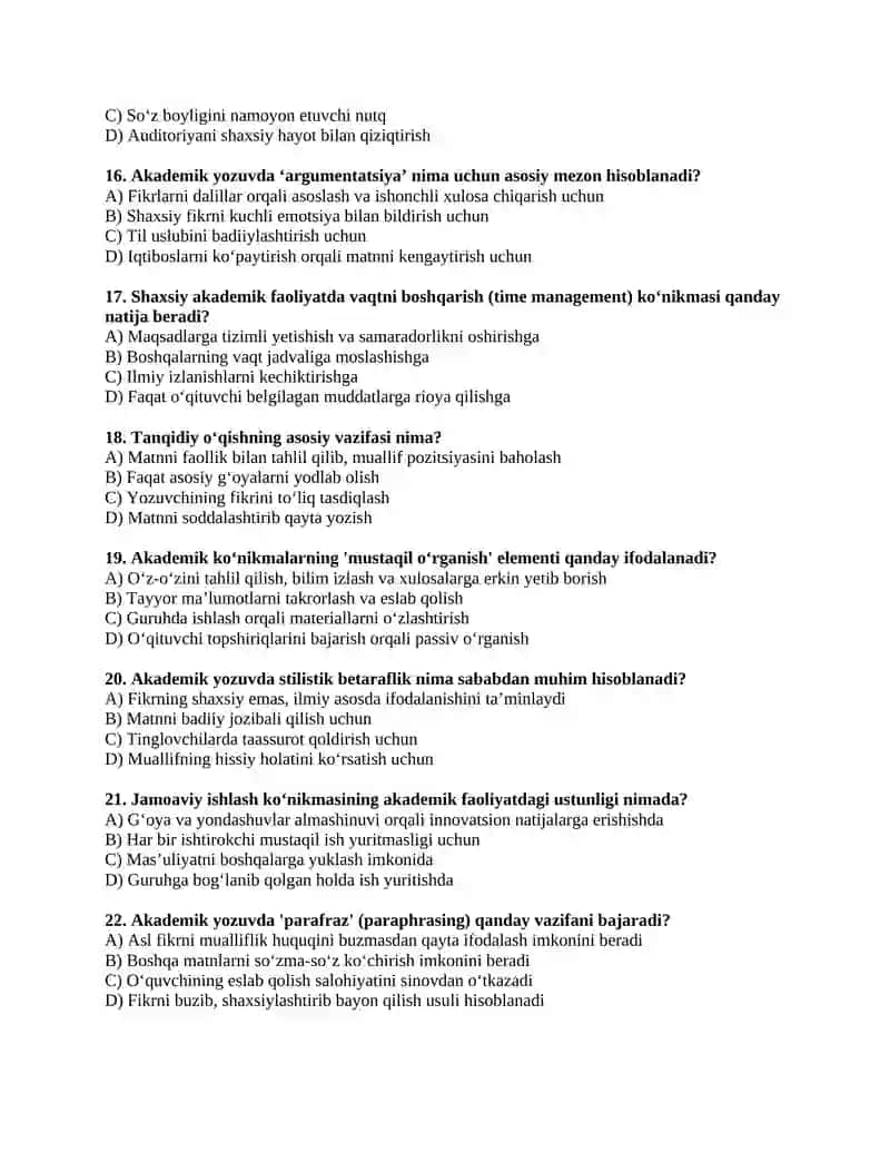 Akademik ko'nikmalar test 200 talik 3