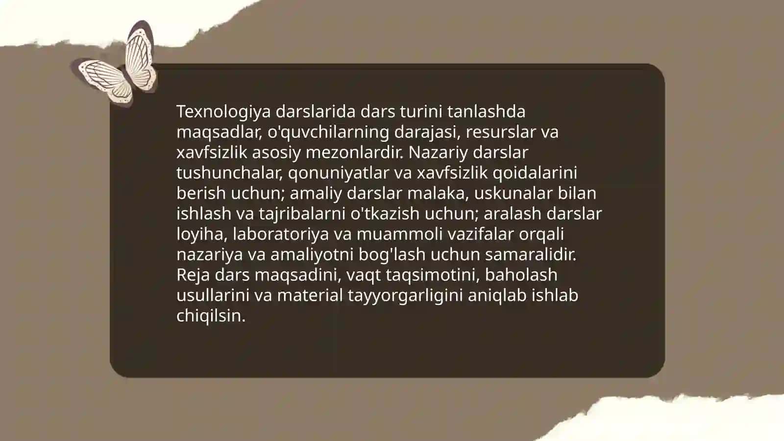 Texnologiya darslarini samarali tashkil etish: dars turlarini tanlash va amaliy rejalashtirish 3