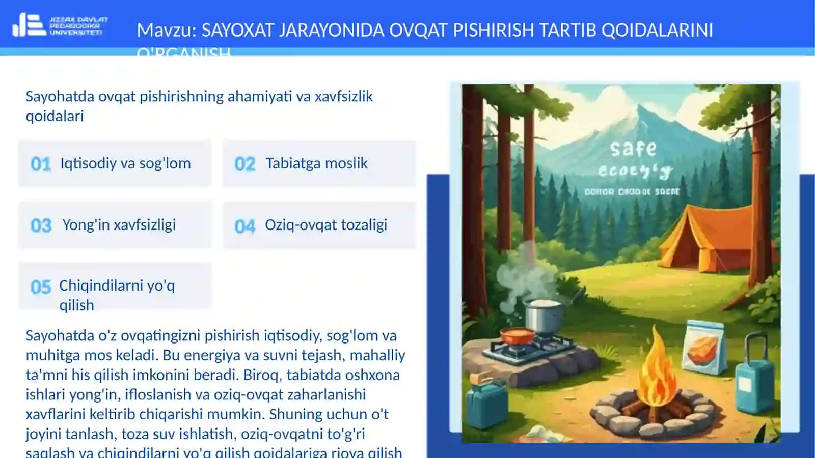 SAYOXAT JARAYONIDA OVQAT PISHIRISH TARTIB QOIDALARINI O'RGANISH 3