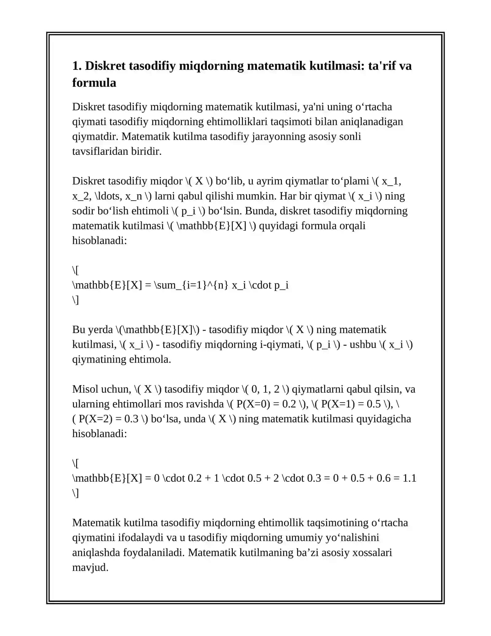 DISKRET TASODIFIY MIQDORNING MATEMATIK KUTILMASI 3