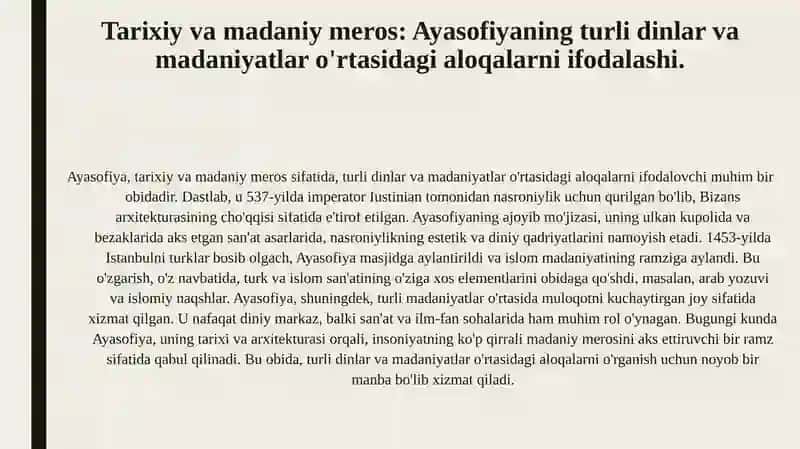 Ayasofiya ibodatxonasi jahon me'morchiligi rivojida tutgan o'rni va ahamiyati 3