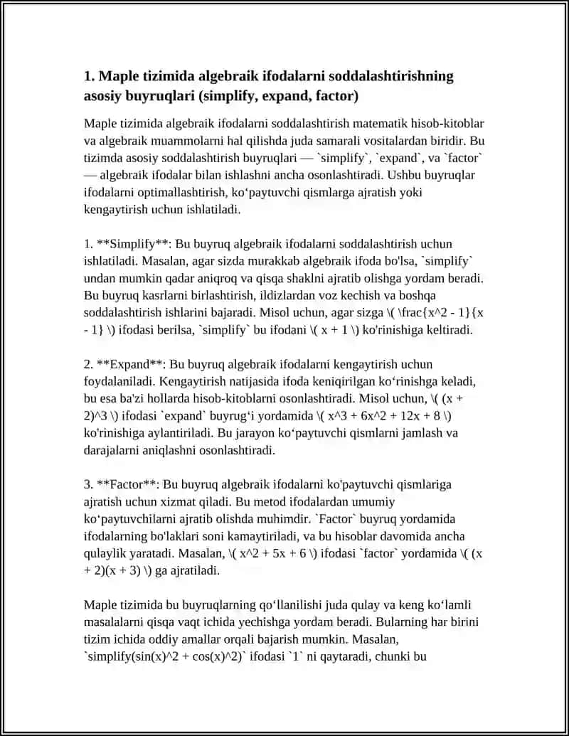 MAPLE TIZIMIDA ALGEBRAIK IFODALARNI SODDALASHTIRISH 3