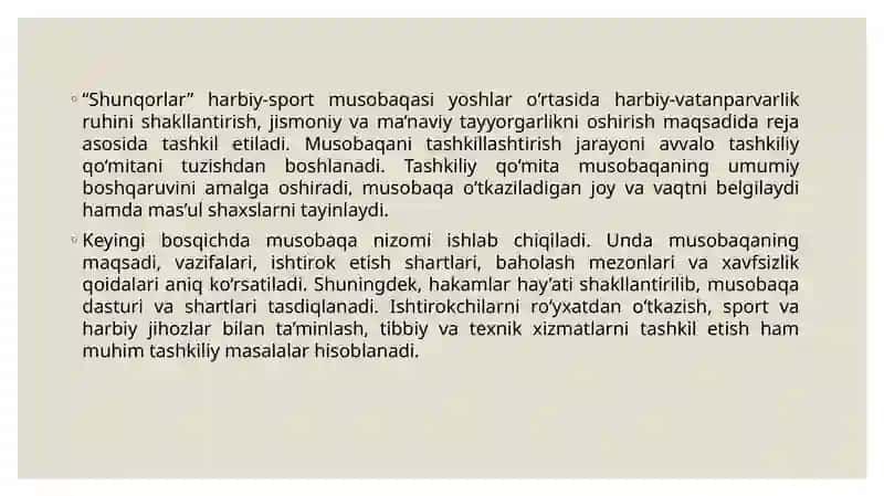 SHUNQORLAR HARBIY-SPORT O‘YINLARI MUSOBAQASINI TASHKIL ETISH VA O‘TKAZISH 3