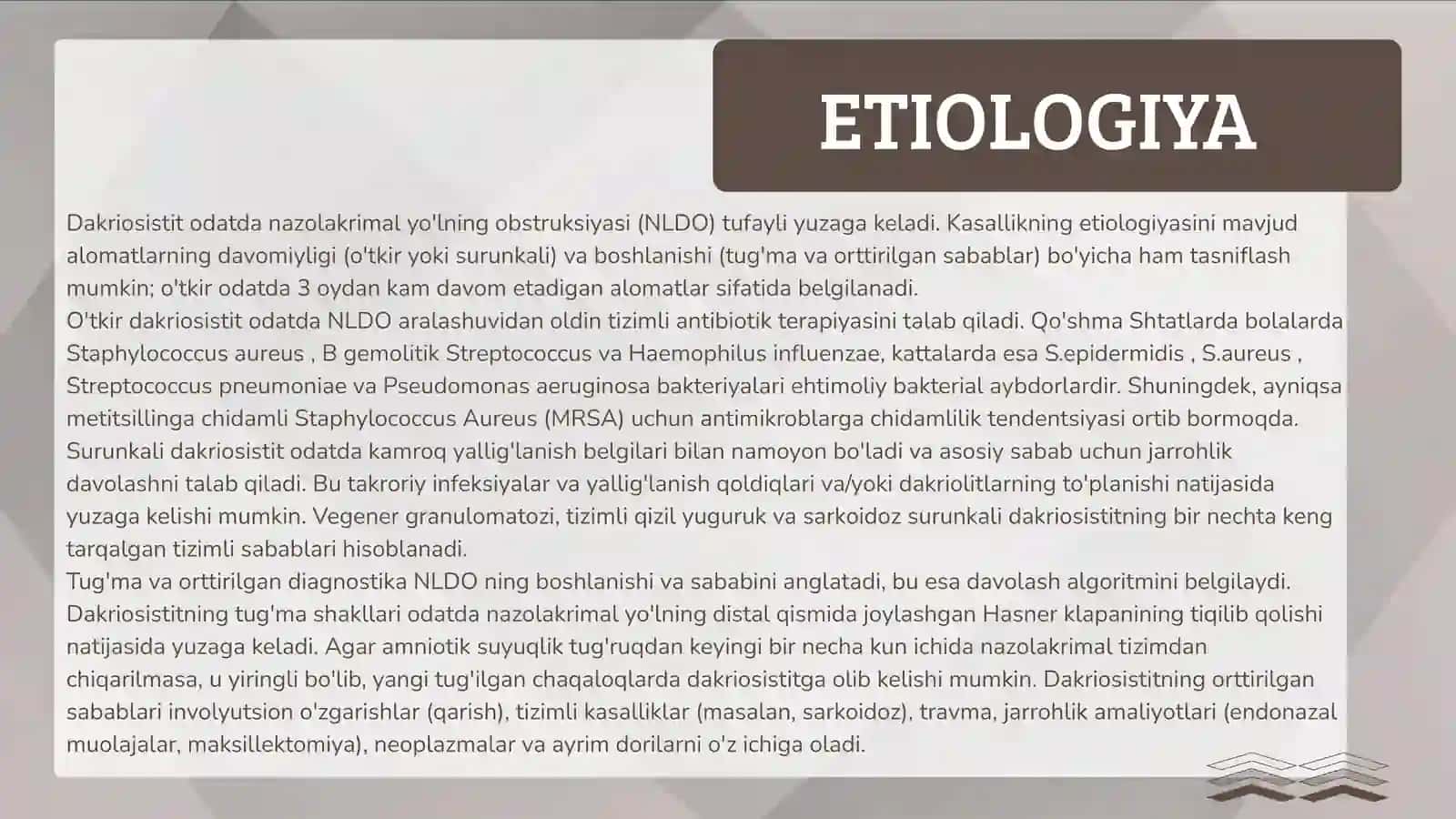 O'TKIR DAKRIOSISTIT.KLINIK DIAGNOSTIK TAMOYILLAR VA DAVOLASH TAMOYILLARI 3