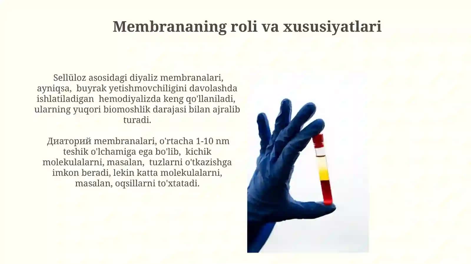 Kolloid sistemalarni dializ yo‘li bilan tozalash. Gemodializni o‘tkazishda kimyoning ahamiyati 3