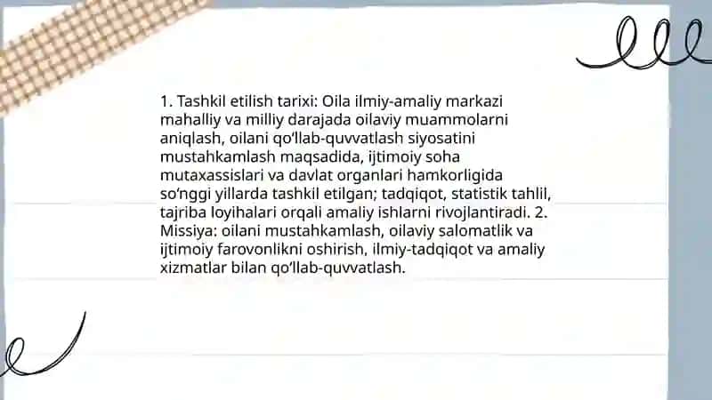 Oila "ilmiy -amaliy markazi faoliyatini oʻrganish va ahamiyatini yoritish 3