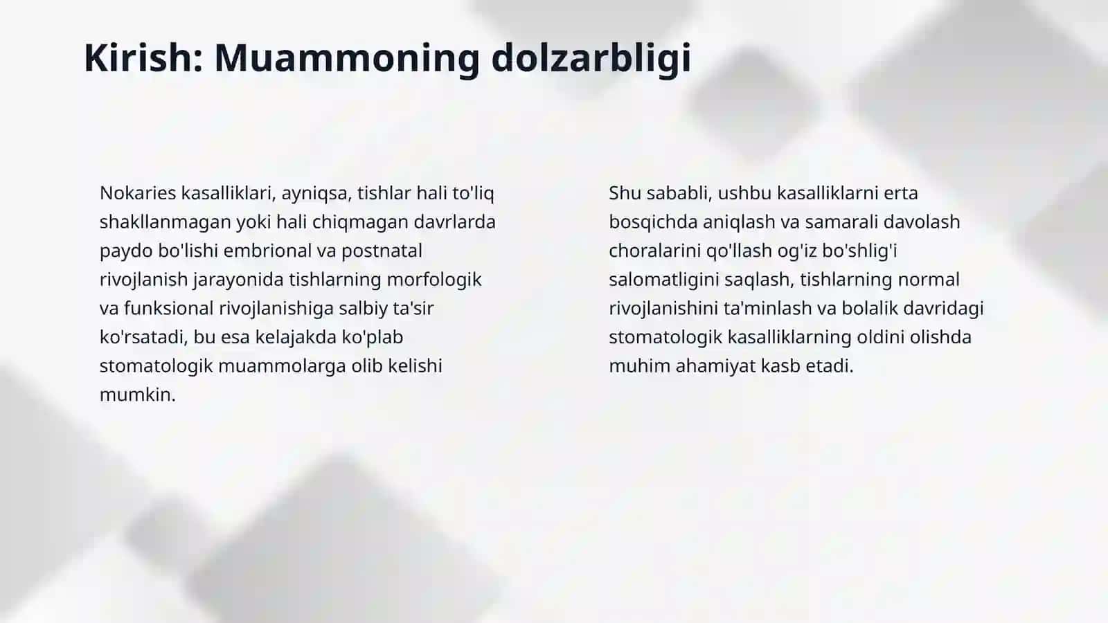 Tish chiqqunga qadar paydo boʻladigan nokaries kasalliklar. Etiologiya, patogenez va klinikasi. Tashxislash qiyosiy tashxislash va oldini olish 3