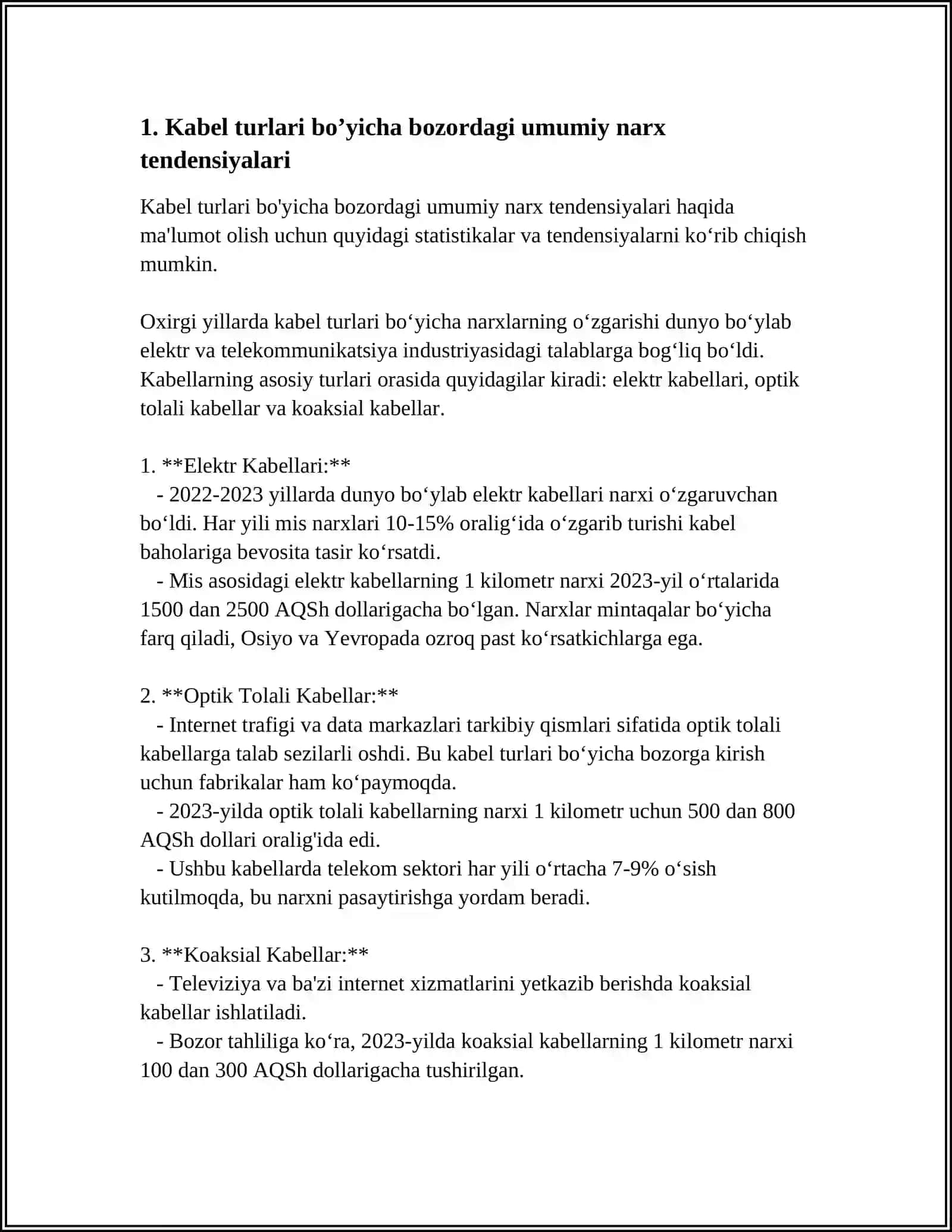 KABEL TURLARINING NARXLARI VA BOZOR TAHLILI 3
