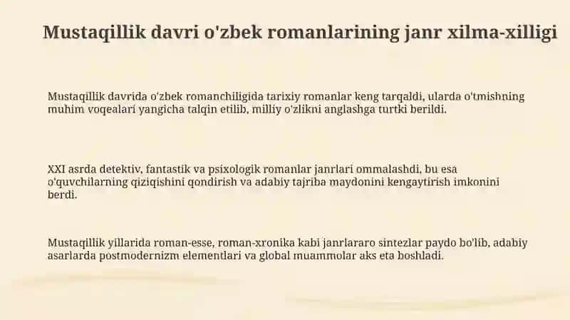 Mustaqillik davri o'zbek romanchiligining janriy o'ziga xosligi 3