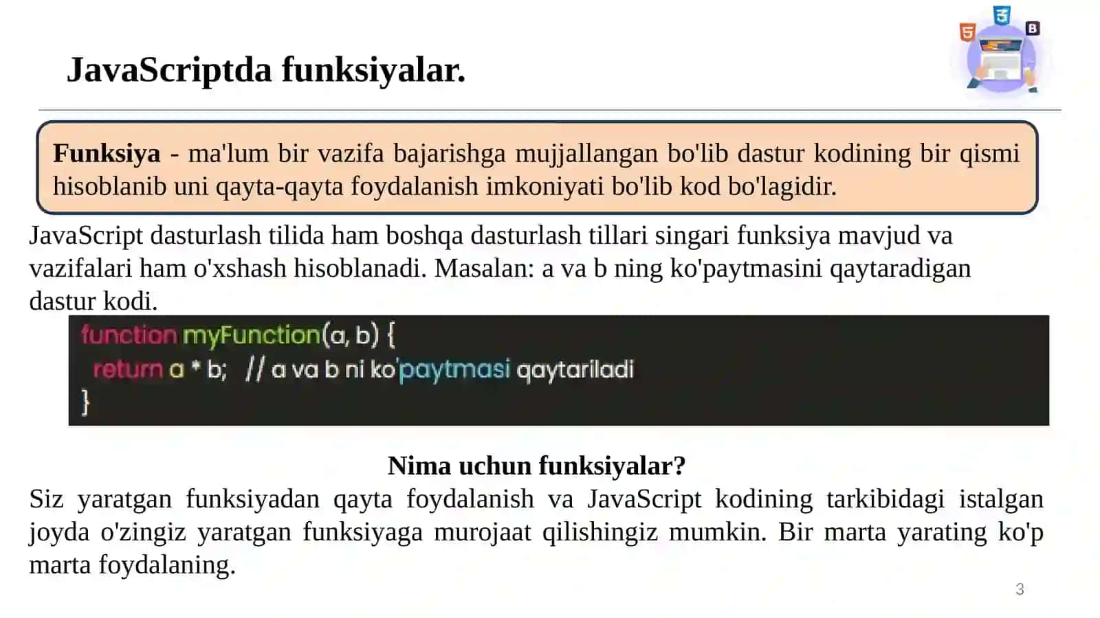 JavaScriptdao‘zgaruvchilar,ma'lumotlarturlari,operatorlar,massivlar,hodisalari,funksiyalarvaob'ektlariustidaammallarbajarish 3