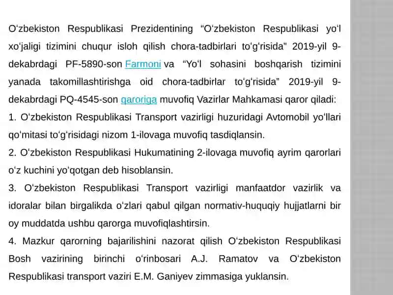 Oʼzbekiston Respublikasi avtomobil yoʻllari rivojlanishi boʻyicha hukumat qarorlari va farmoyishlarini oʼrganish 3