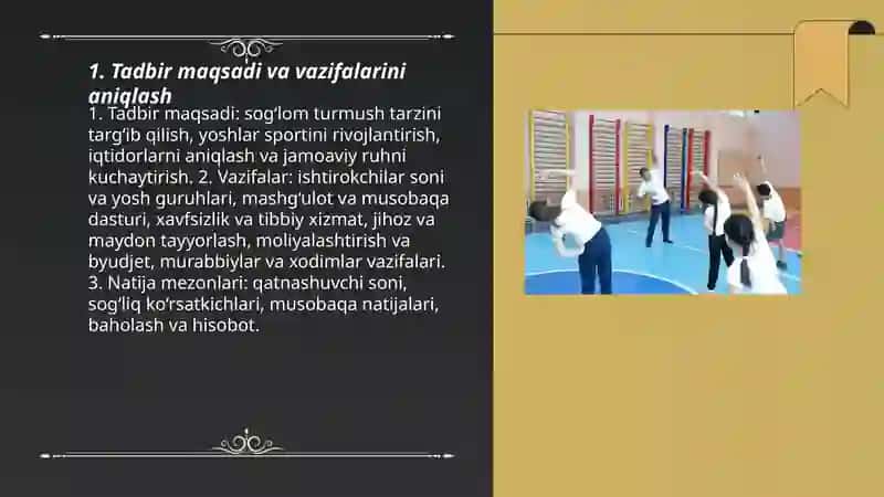 Sport maktablarida ommaviy sport tadbirlarini uyushtirishda nimalarga e'tibor beriladi 3