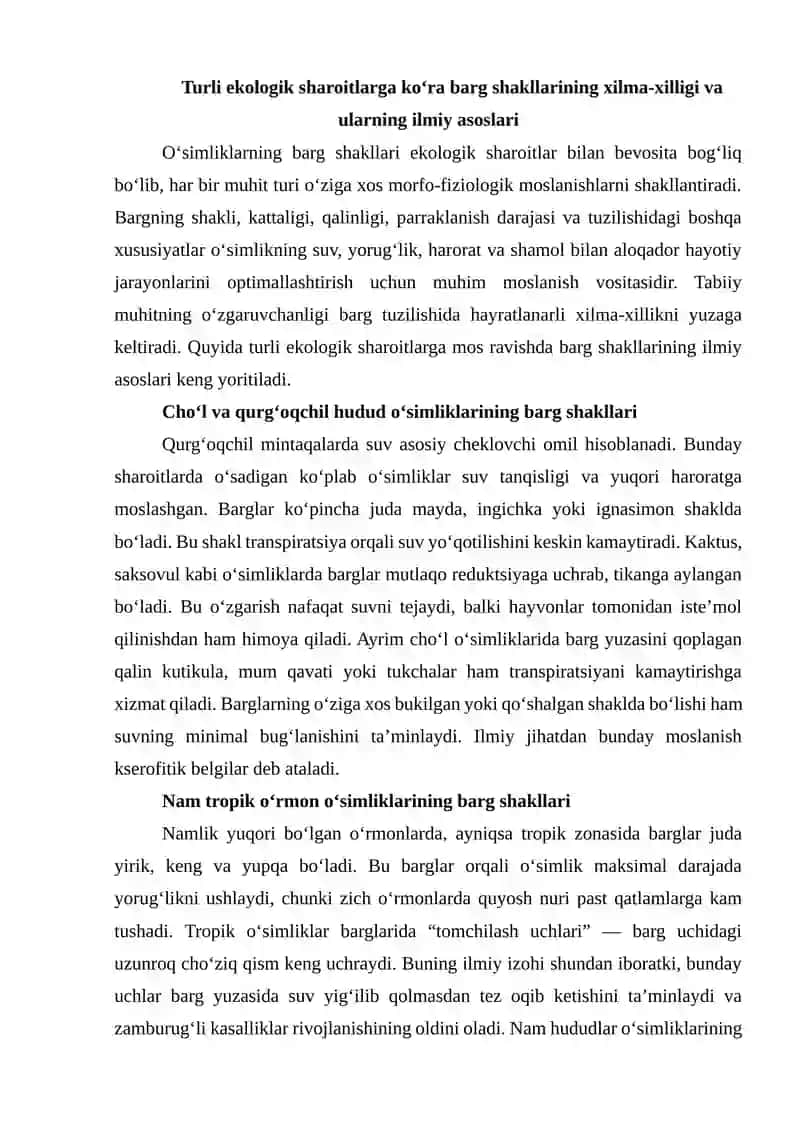 O‘simliklarning moslanish sifatida barg shakllarining xilma-xilligini ilmiy izohlash 3