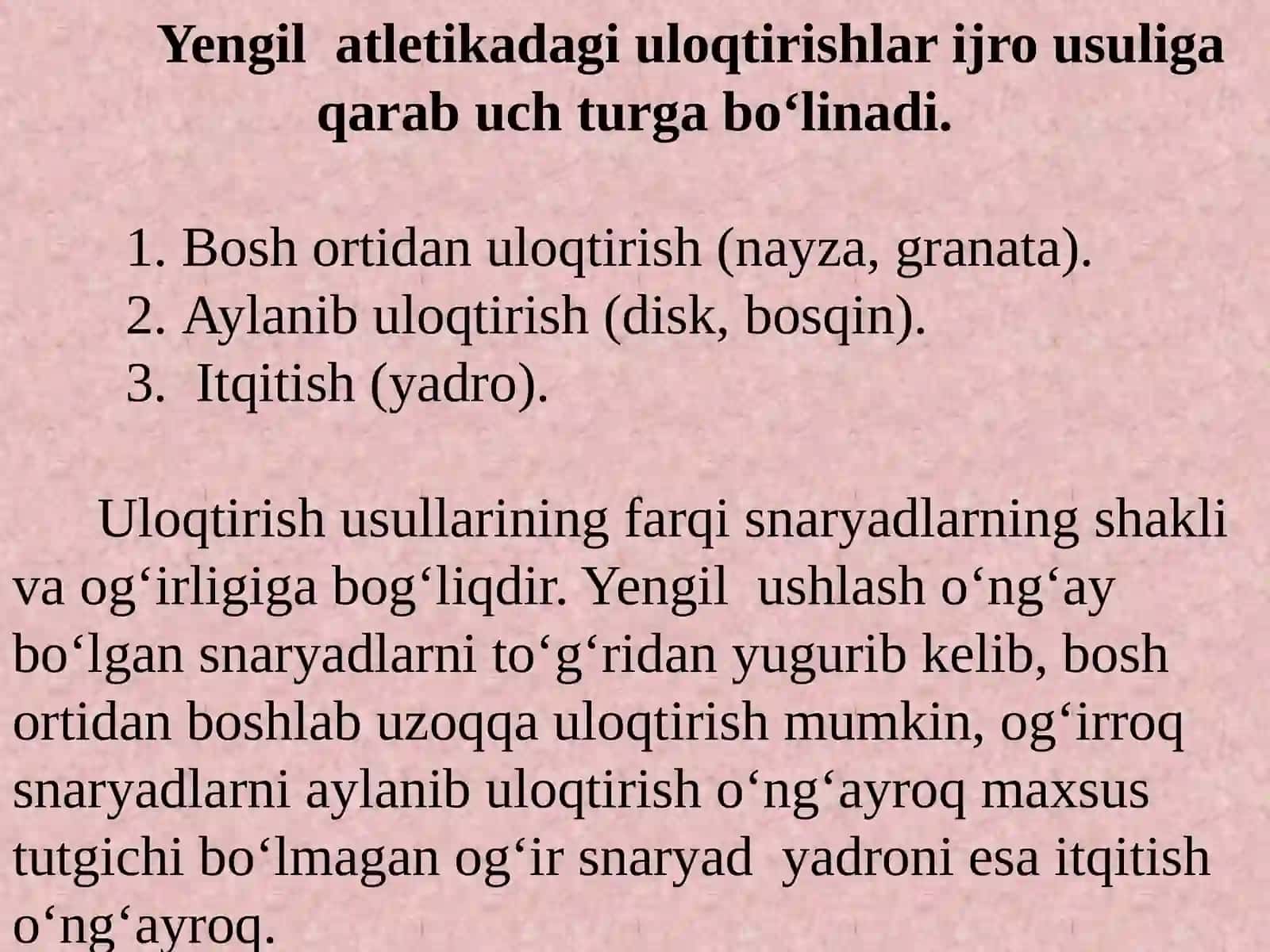 Ulоqtirish tехnikаsini tahlili va аsоslаri, IААF ning “Bоlаlаr yengil аtlеtikа musоbаqаlаri” dasturi, Sоg’lоmlаshtirish yo’nаlishidаgi yengil аtlеtikа mаshg’ulоtlаrini tashkil etish аsоslаri 3