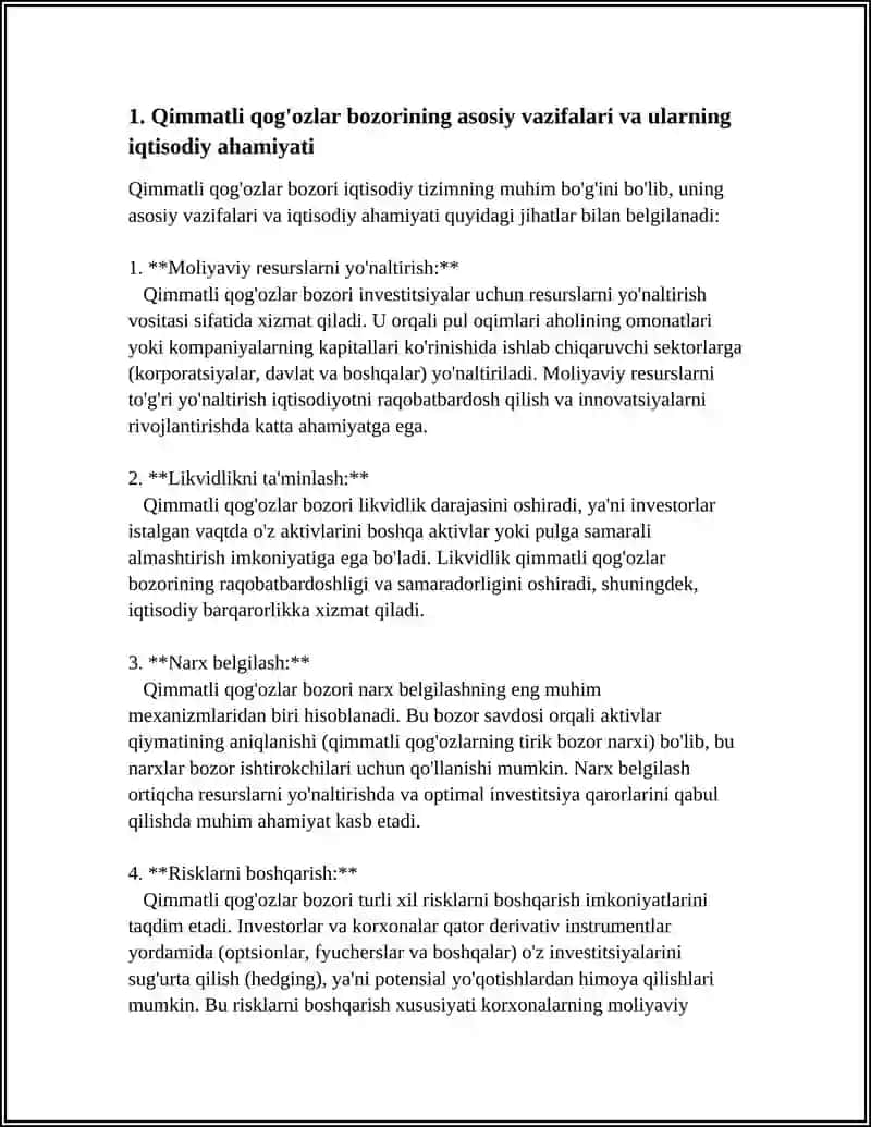 QIMMATLI QOGOZLAR BOZORINING VAZIFALARI 3