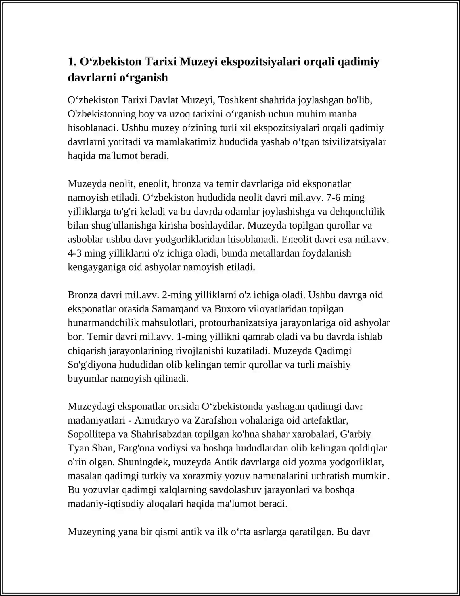UZBEKISTON TARIXI MUZIYIDAGI EKSPANATLAR ASOSIDA TARIXI NI URGANISH 3