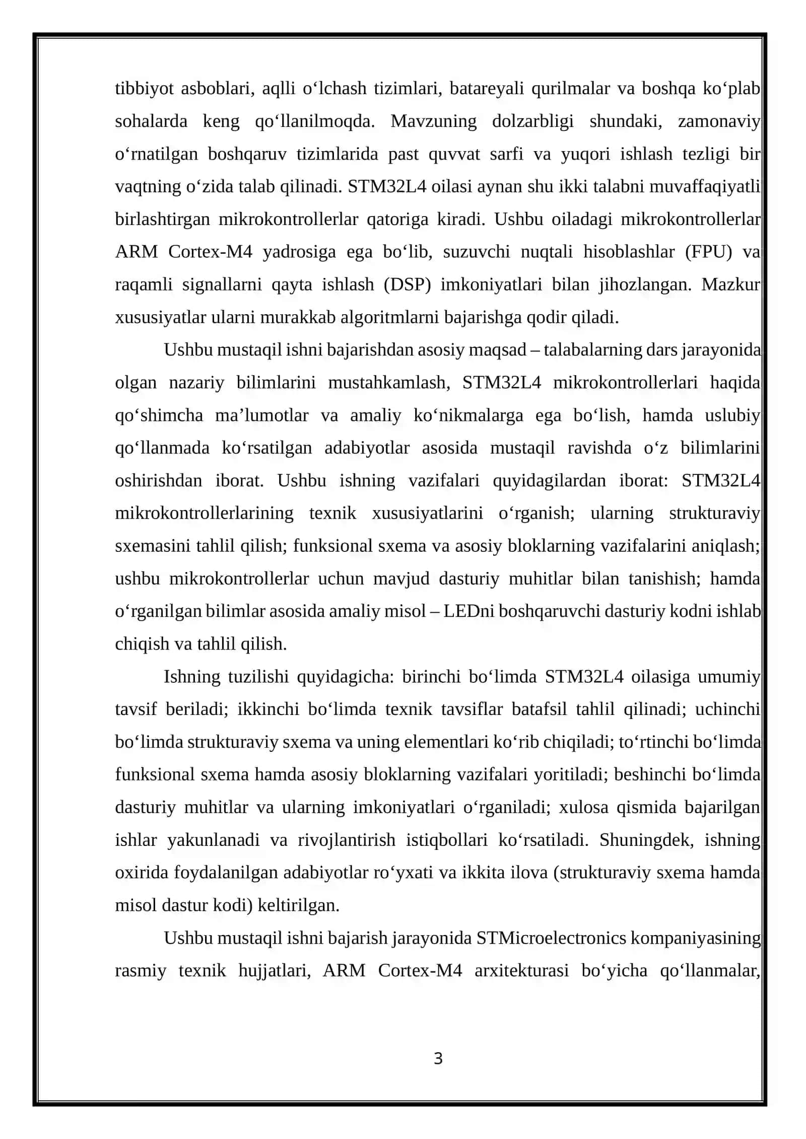 STM32L4 mikrokontrollerlarining texnik tavsiflari, tuzilmaviy va funksional sxemalari hamda dasturiy muhitlari 3