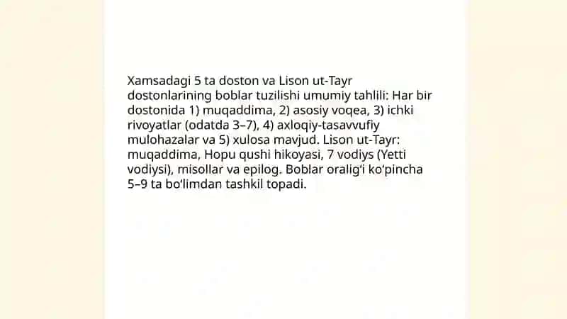 Xamsadagi 5 ta doston va Lisson ut Tayr dostonini jami 6 ta dostonning boblari buyicha tasnifi 3