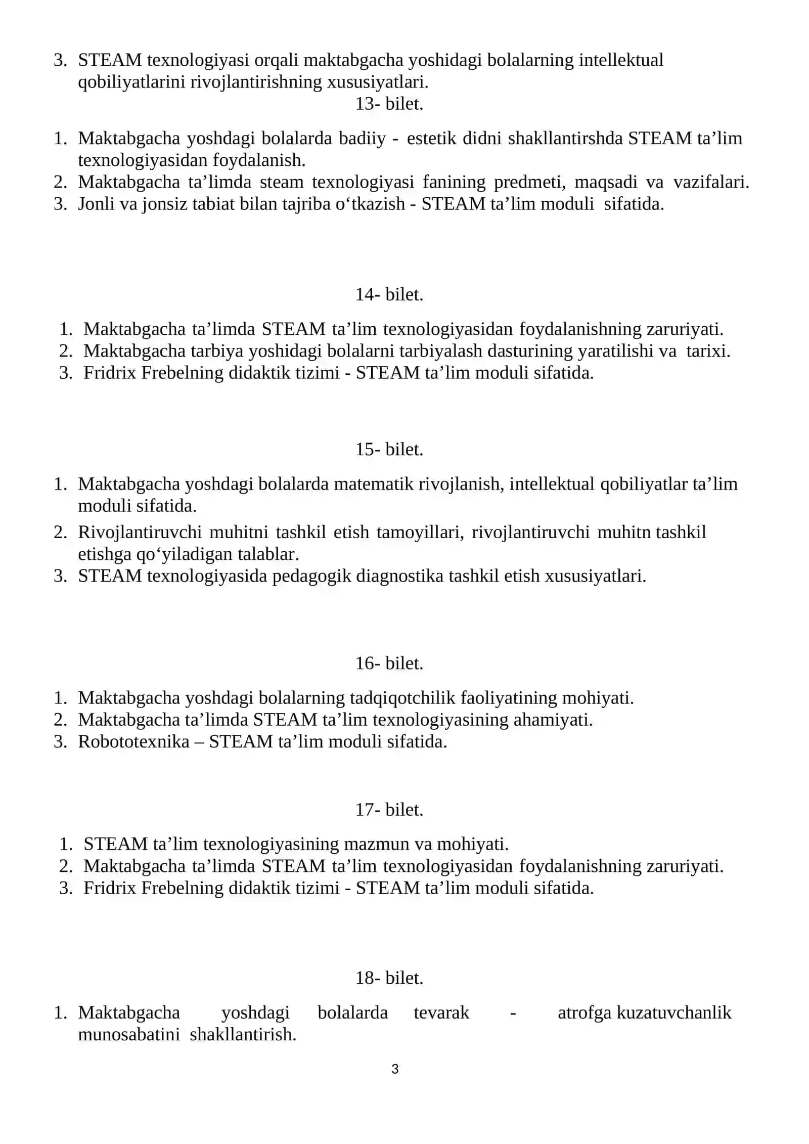 Maktabgacha ta’limda STEAM texnologiyasi fanidan yakuniy nazorat savollari 3