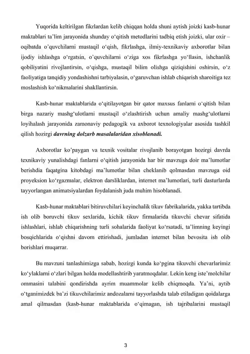 AYOLLAR MILLIY KO'YLAGI ASOS CHIZMASINI KONSTRUKSIYALASH VA QISHGI FASONDA MODELLASHTIRISH, MAKETLARNI TAYYORLASH, TEXNOLOGIK XARITA YARATISH 3