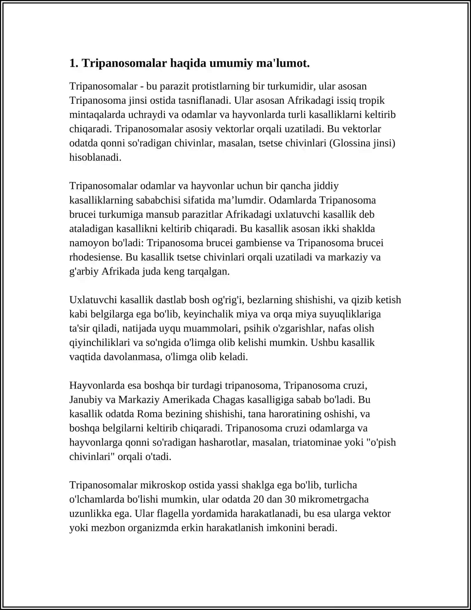 TIBBIY PROTOZOOLOGIYA.XIVCHINLILAR ODAM PARAZITLARI: TRIPANOSOMALAR, LEYSHMANIYLAR, TRIXOMONADALAR, LYAMLIYALAR 3