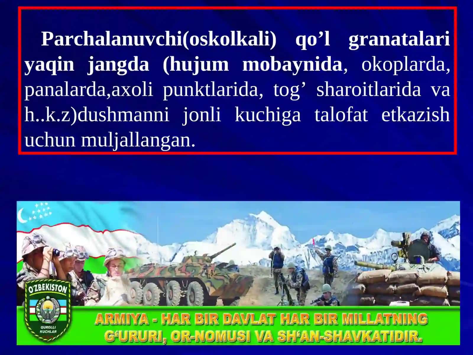 PARCHALANUVCHI QO'L GRANATALARI VA TANKKA QARSHI GRANATALARNI ULOQTIRISH USULLARI 3