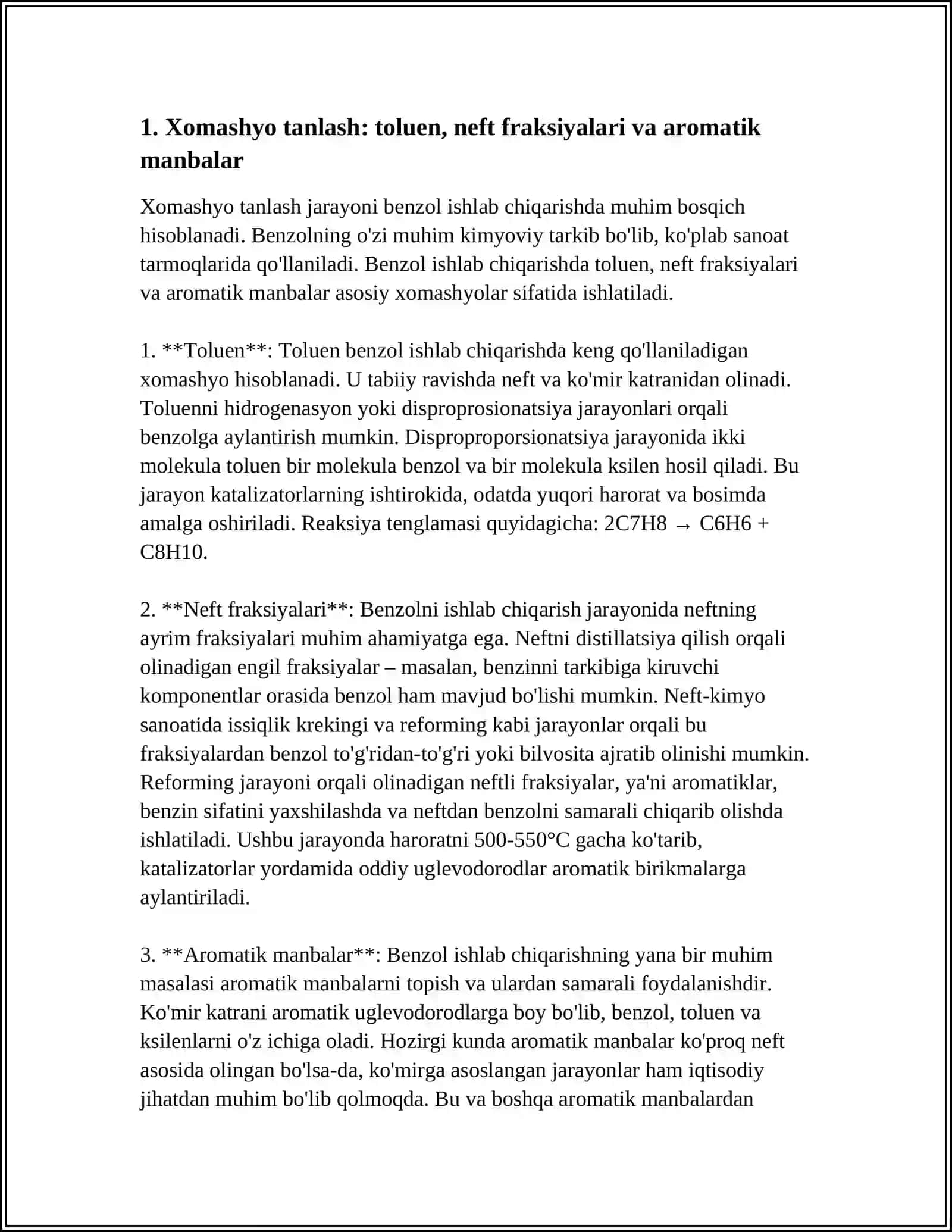BENZOL ISHLAB CHIQARISH JARAYONINING TEXNOLOGIK SXEMASI 3