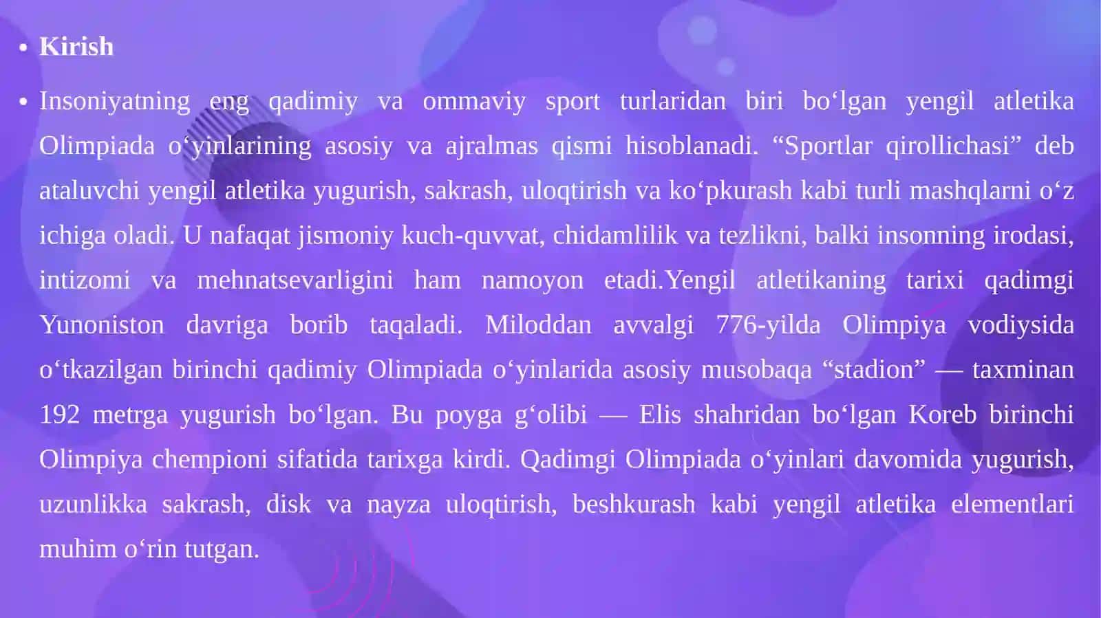 Yengil atletika turib o‘yicha Olimpiada o‘yinlarining o‘tkazilishi 3