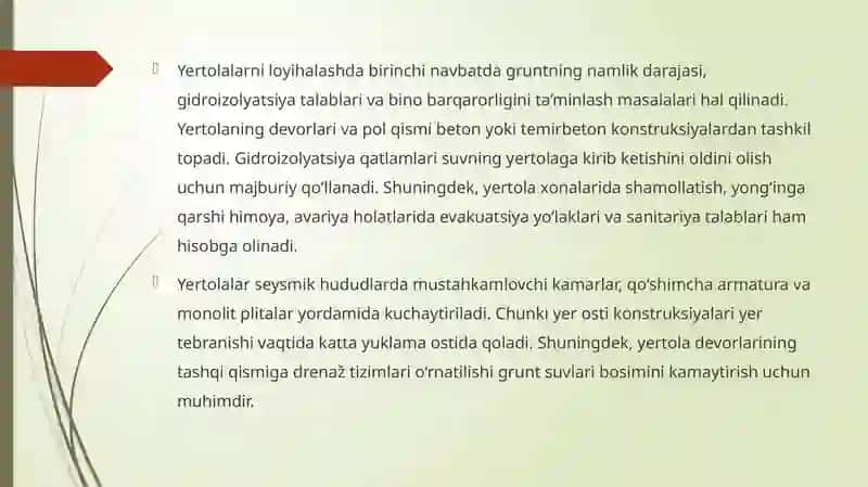 Loyihalash ishlarida yertolalar va texnik kanallarning konstruktiv yechimlari 3