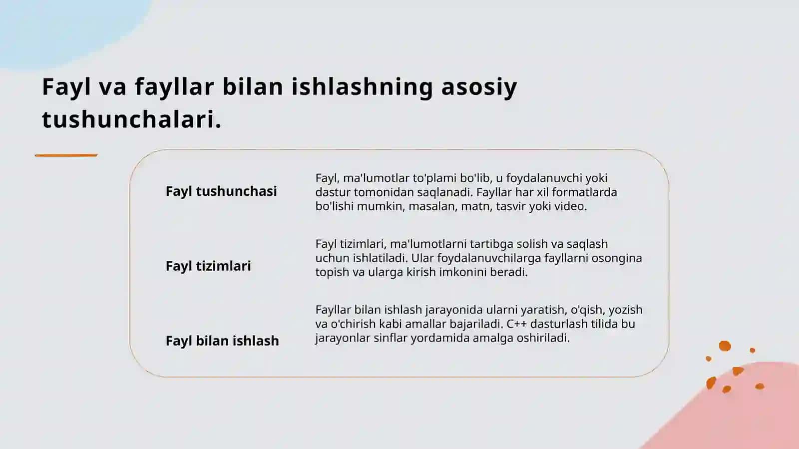 Fayllar va fayllar bilan ishlash. Fayl. Tiplashgan fayllar. Fayllarni C++ sinflari orqali ishlash 3