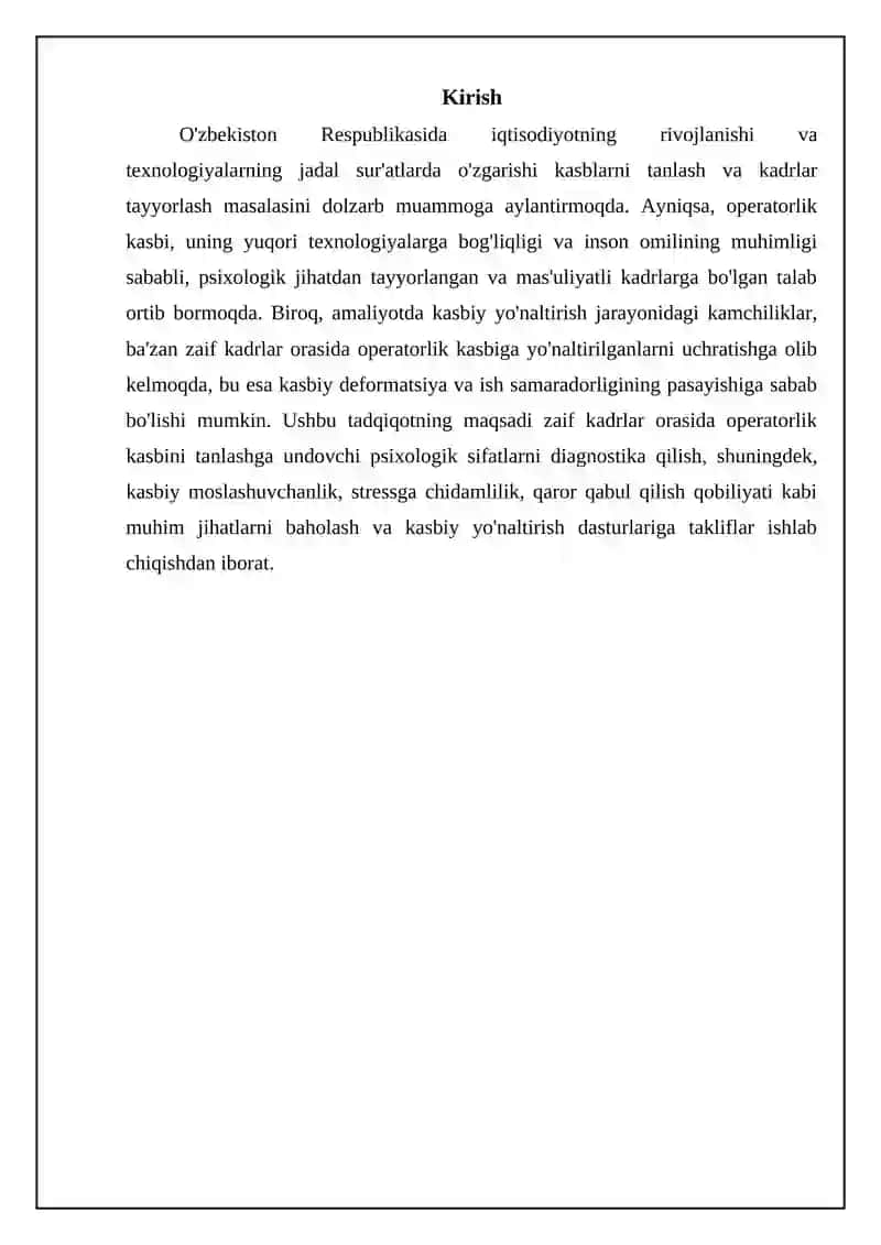 Malakali kadrlarni diagnostik qlsh operatorlik kasbin tanlash reorientatsya psixologk sifatda 3