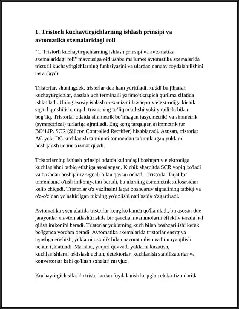 AVTOMATIKA SXEMALARIDA TRISTORLI KUCHAYTIRGICHLARNI OʻRGANISH VA TAVSIFLARNI TADQIQ QILISH 3
