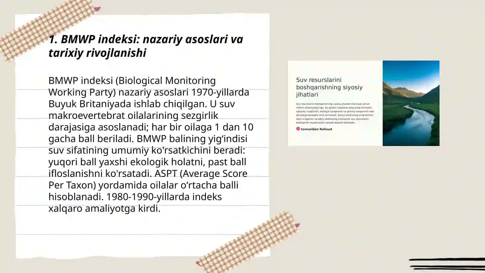 Suvoʻtlar asosida suv havzasining ekologik holatini baholash (BMWP indeksi) 3