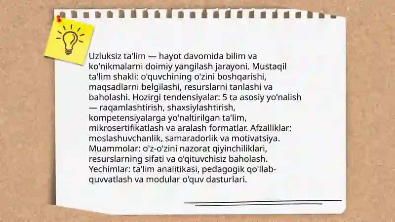 Uzluksiz ta'limdagi tendensiyalarni mustaqil ta'lim shaklida o'rganish 3