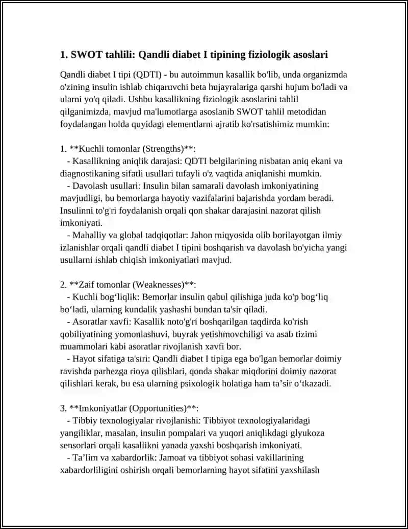 QANDLI DIABET TIPLARINING FIZIOLOGIK ASOSLARI MAVZUSIGA SWOT TAHLIL METODI 3