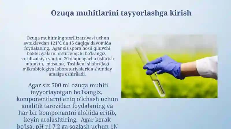 Mikroorganizmlarni o'stirish uchun oziqa muhitlari tayyorlash usullari 3