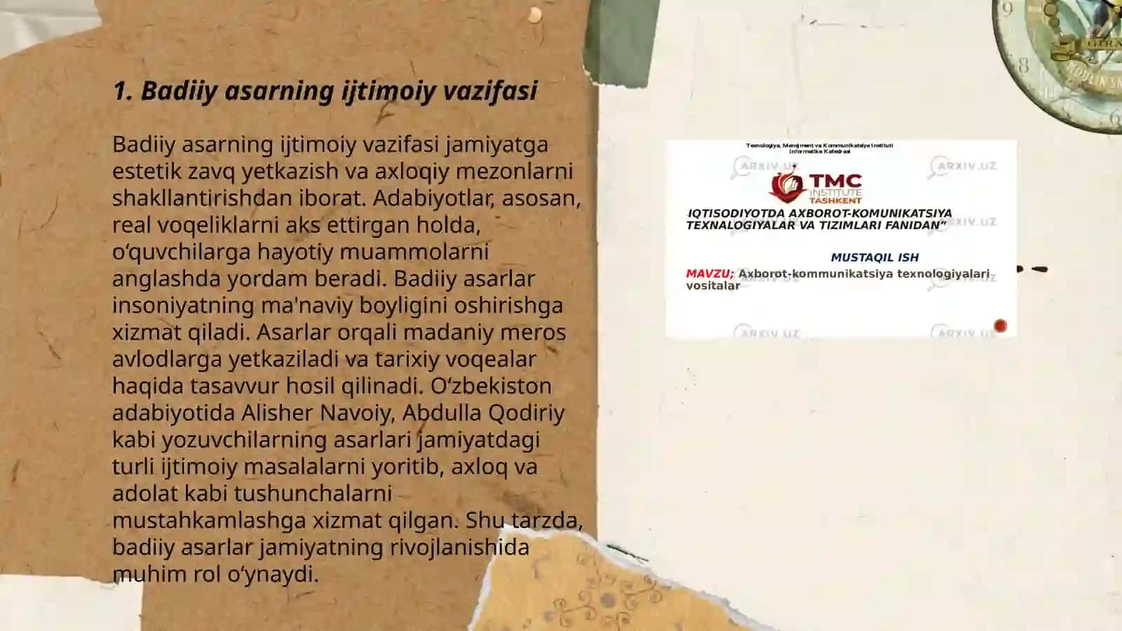 Badiiy asar - badiiy kommunikatsiya vositasi. Adabiyot va mafkura 3