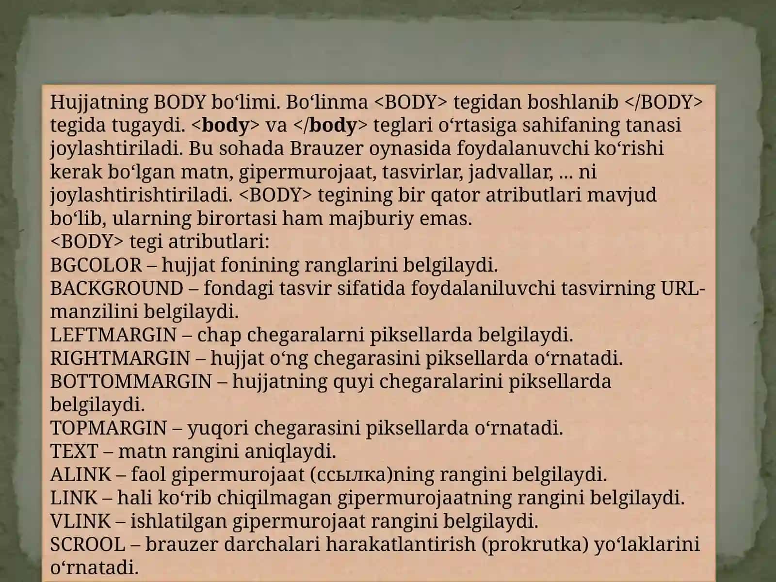 HTML sintaksisi, semantik belgilash, HTML hujjatlarining tuzilishi 3