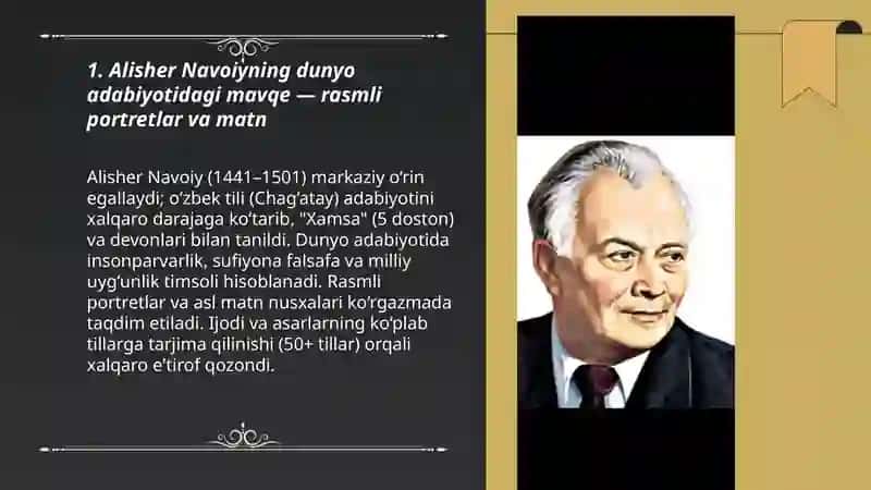 Alisher Navoiyning dunyo adabiyotidagi mavqe — rasmli portretlar va matn 3
