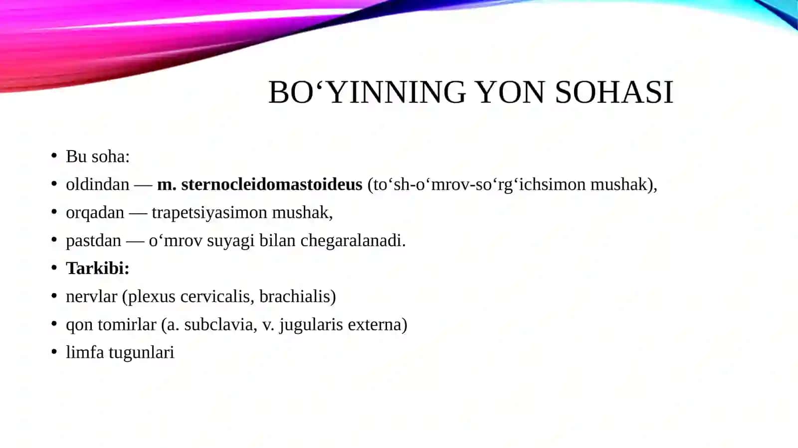 Bo‘yinning yon va to‘sh-o‘mrov-so‘rg‘ichsimon sohalari. Chuqur mushaklararo tirqishlar: narvon oldi oraliq, narvonarooraliq, umurtqa-narvonsimon uchuburchak, ko‘krak limfayo‘lining bo‘yin qismi. Bo‘yinning orqa sohasi klinikanatomiyasi. Vagosimpatik blokada texnikasi. Qizilo‘ngachningbo‘yin qismi xirurgiyasi. 3