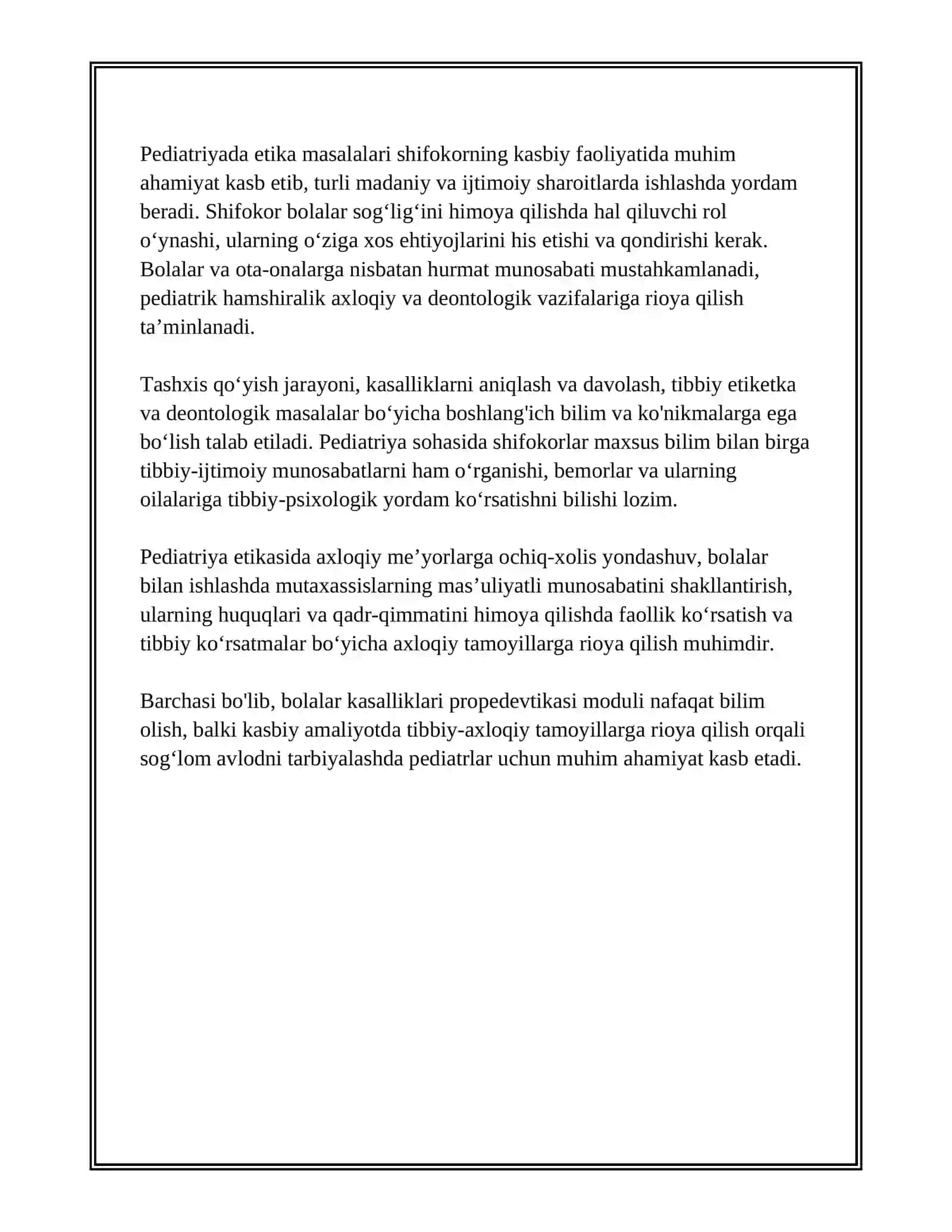 BOLALAR KASALLIKLARI PROPEDEVTIKASI MODULIGA KIRISH MADULNING MAQSAD VA VAZIFALARI. PEDIATRIYADA ETIKA VA DEONTOLOGIYA MASALARLARI 3