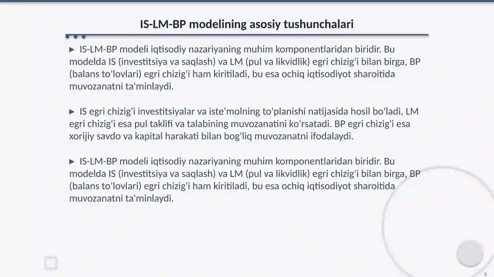 IS-LM-BP modeli va budjet-soliq va davlatning pul-kredit siyosati xarakterini aniqlash 3