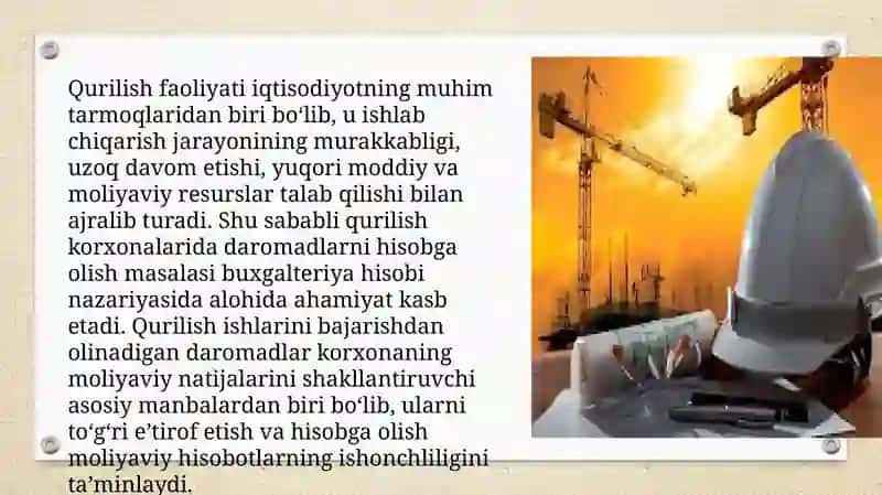 Qurilish ishlarini bajarishdan olingan daromadlar va buyurtchilar bilan hisob-kitoblarning hisobi 3