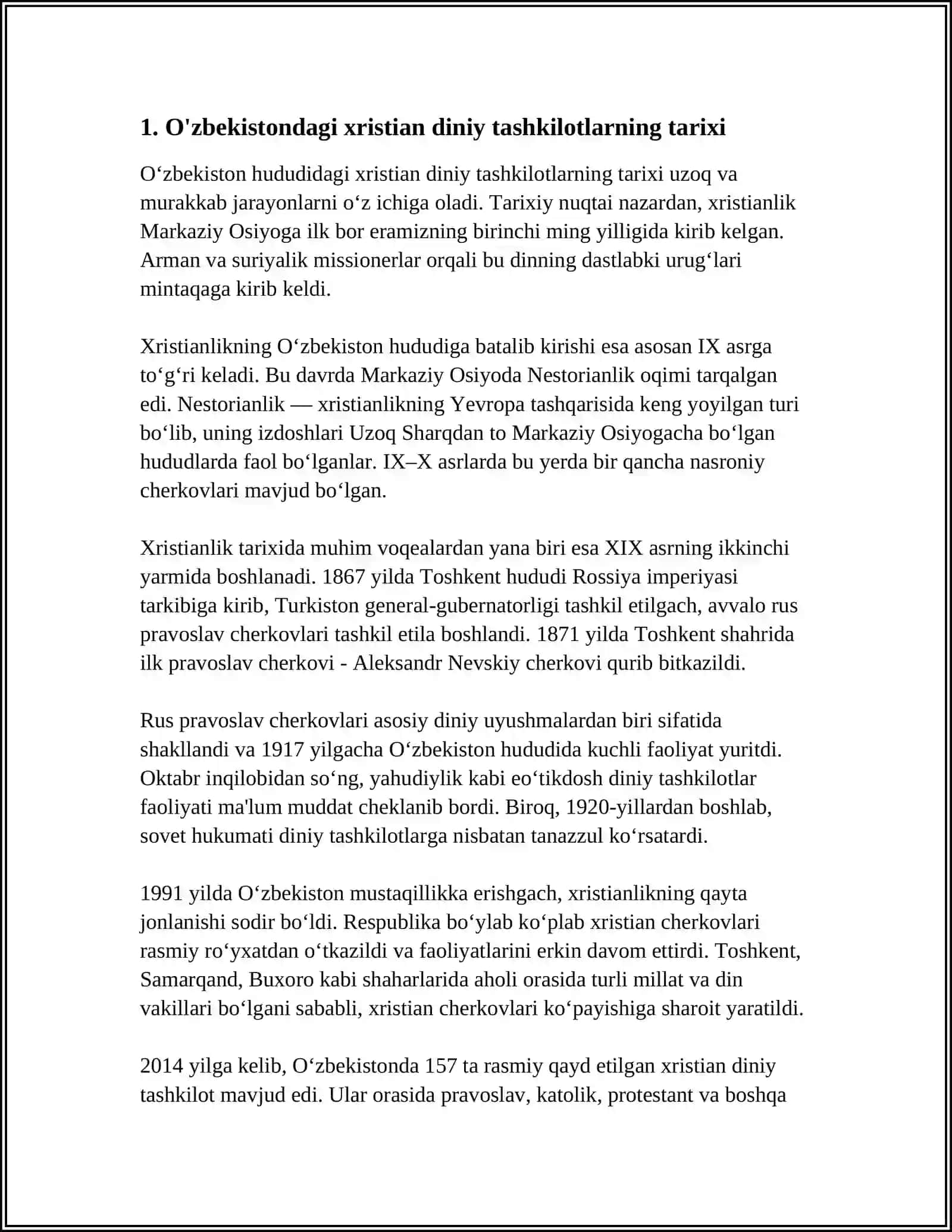 O'ZBEKISTONDAGI XRISTIAN DINIY TASHKILOTLARI VA ULARNING JAMIYAT HAYOTIDAGI O'RNI 3