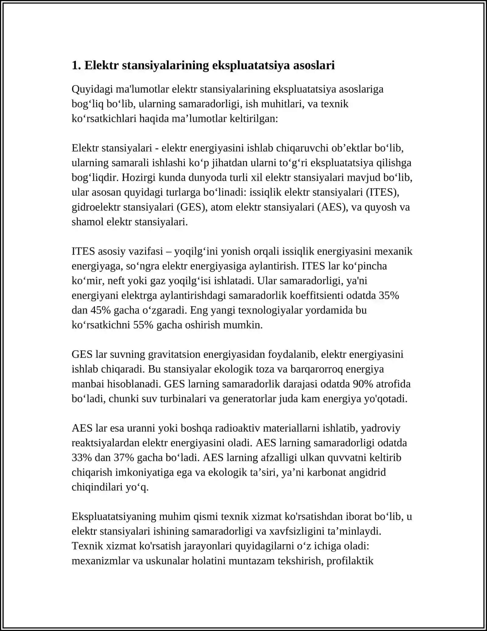IESNI EKSPLUATATSIYASINI TASHKIL QILISH. ELEKTROSTANSIYANI ISHLASHINI BOSHQARISH 3